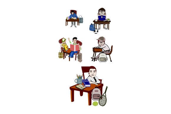 A Set of 5 Students at Desk