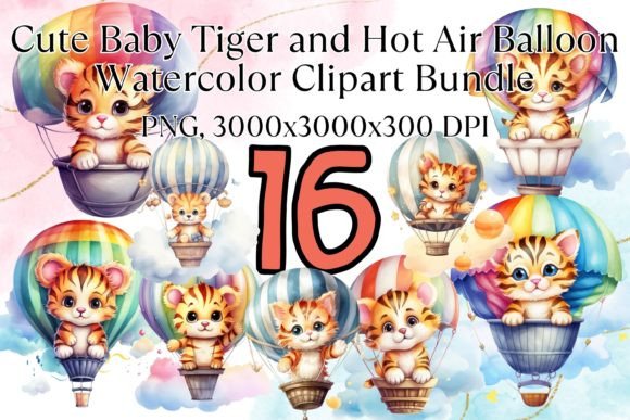 Tiger Balloon Watercolor Clipart Bundle
